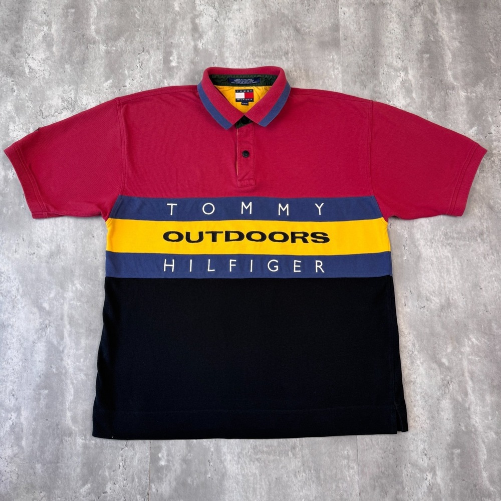 Vintage Tommy Hilfiger Outdoors Polo Shirt Mens XL Red Colorblock Spellout 90s